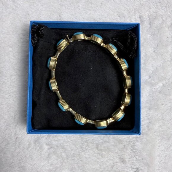 Blue Kingman Turquoise Bangle Bracelet 18k Gold Over Silver JTV Vintage 8" Jewel - Picture 6 of 10